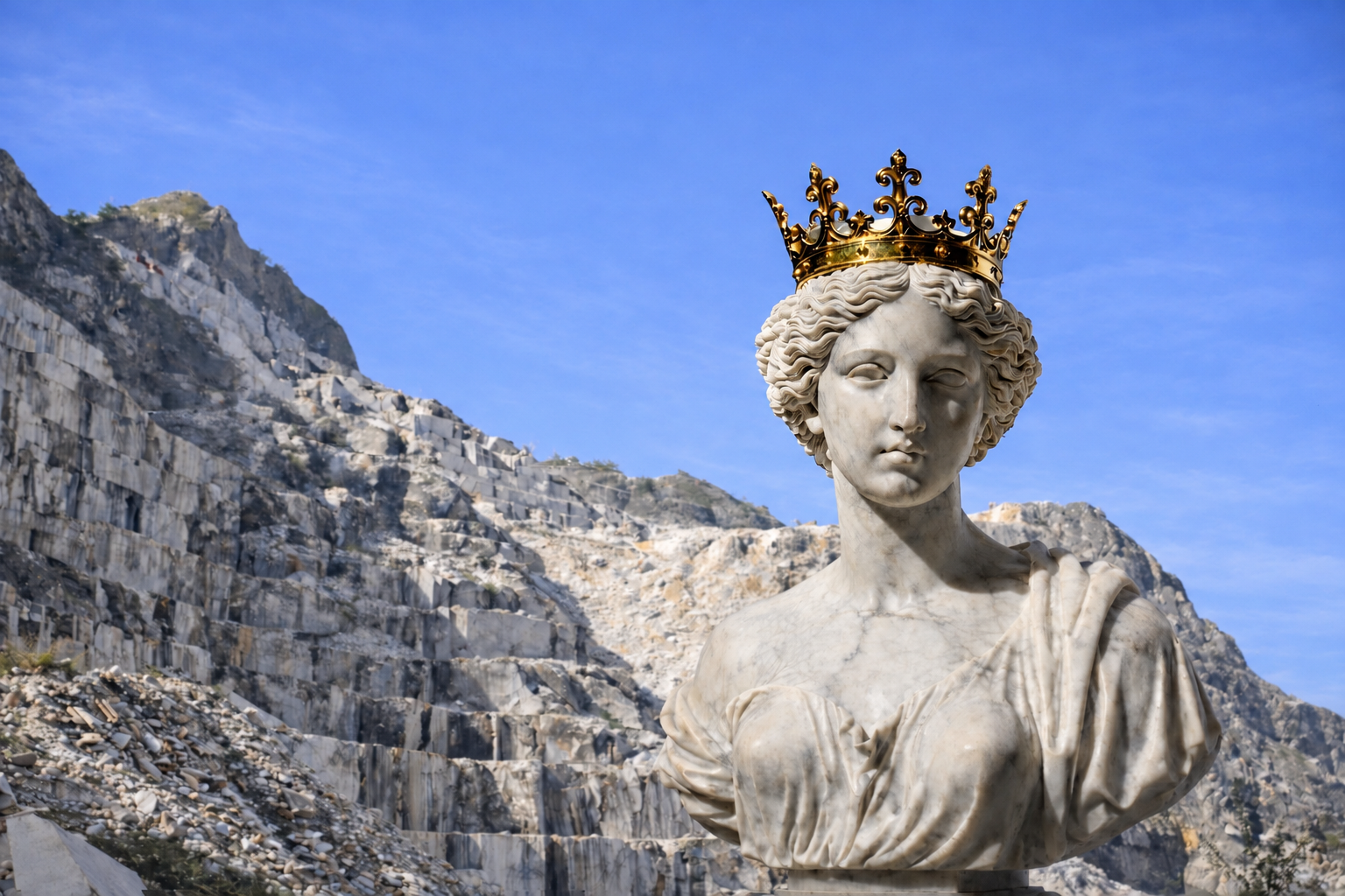 Busto di regina in marmo con corona d'oro davanti alle cave di Carrara